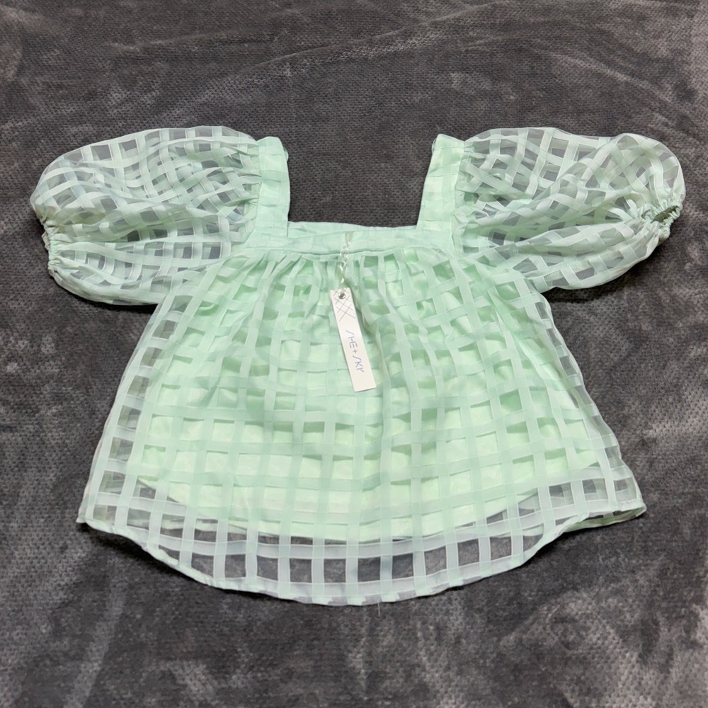 She + Sky Mint Green Puff‎ Sleeve Grid Mesh Top Square Neck Blouse Small NWT